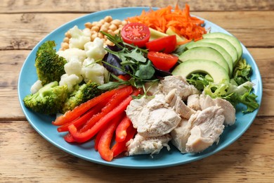 Photo of Balanced diet and healthy foods. Plate with different delicious products on wooden table, closeup