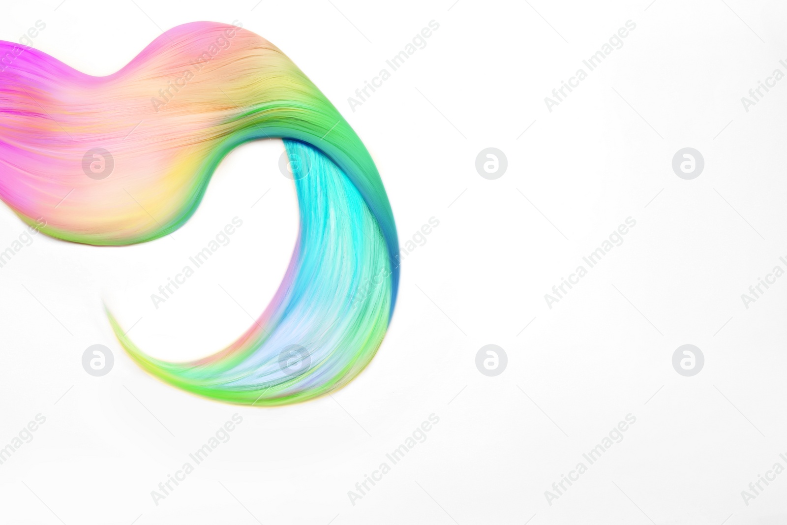 Image of Strand of beautiful multicolored hair on white background, top view