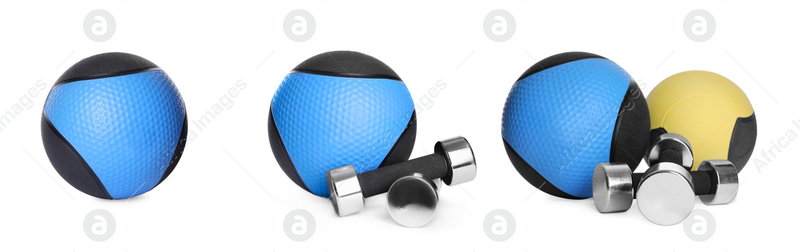 Image of Set with medicine balls and dumbbells on white background. Banner design