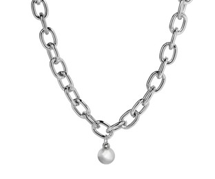 Photo of One metal chain with pendant isolated on white. Luxury jewelry