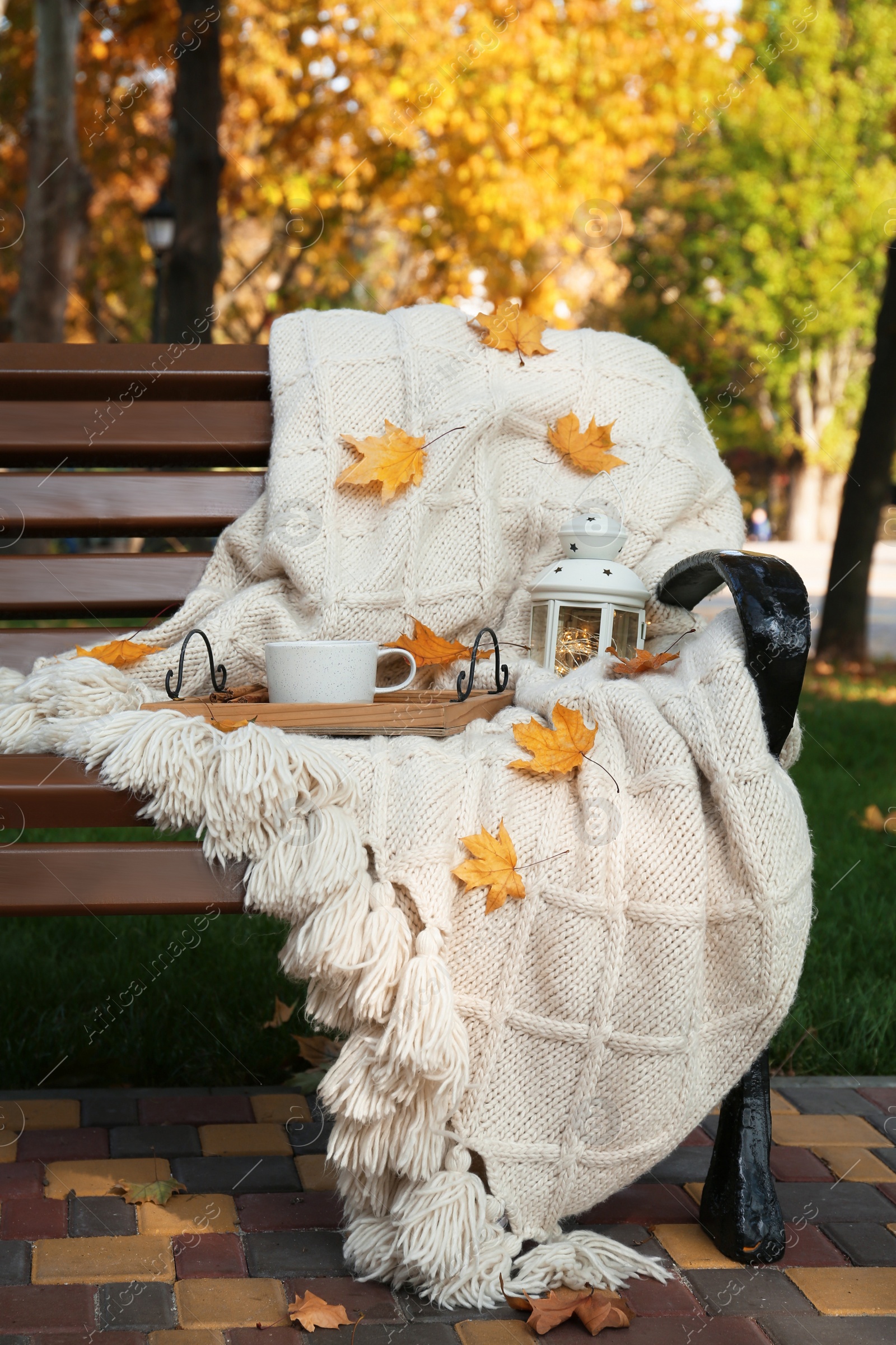 Photo of Wooden tray with cup of drink, lantern and plaid on bench in autumn park