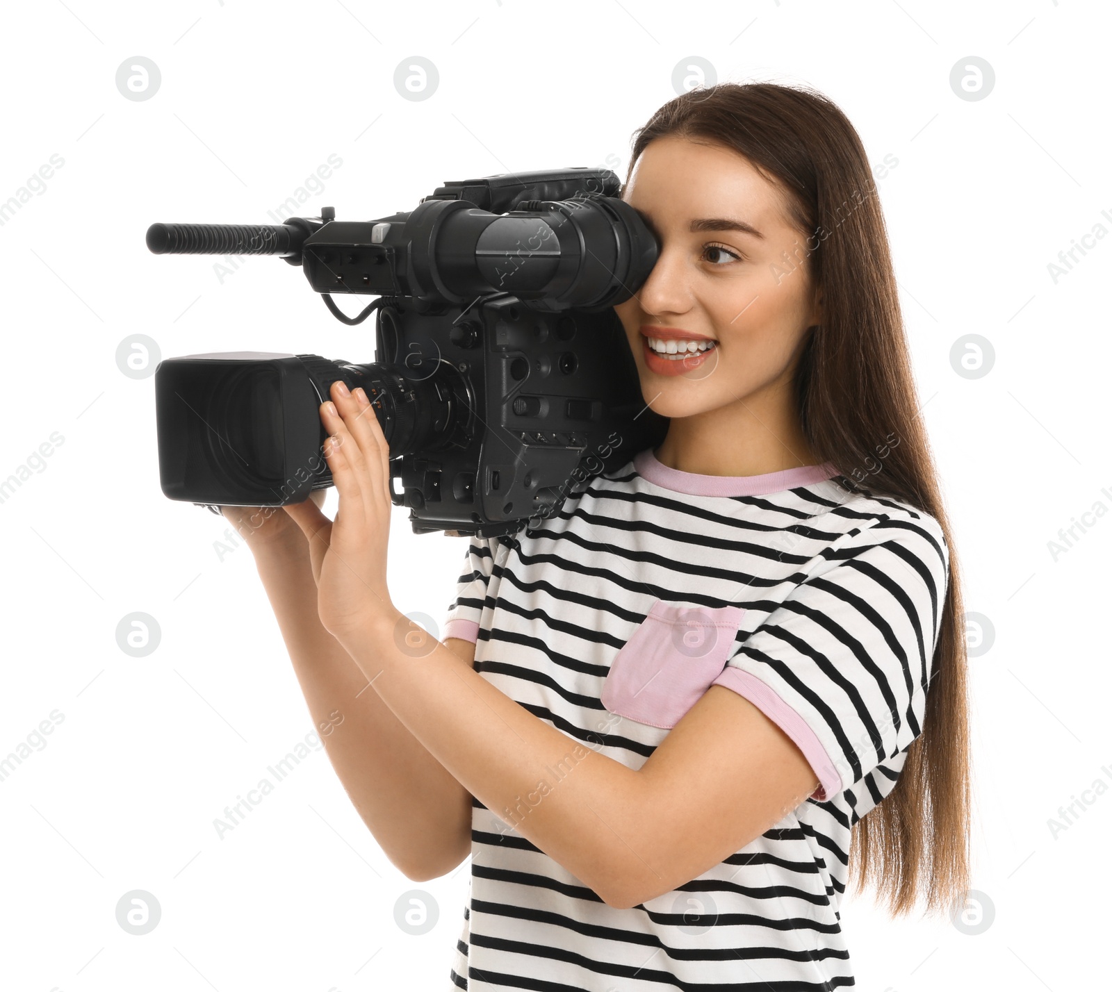 Photo of Operator with professional video camera on white background