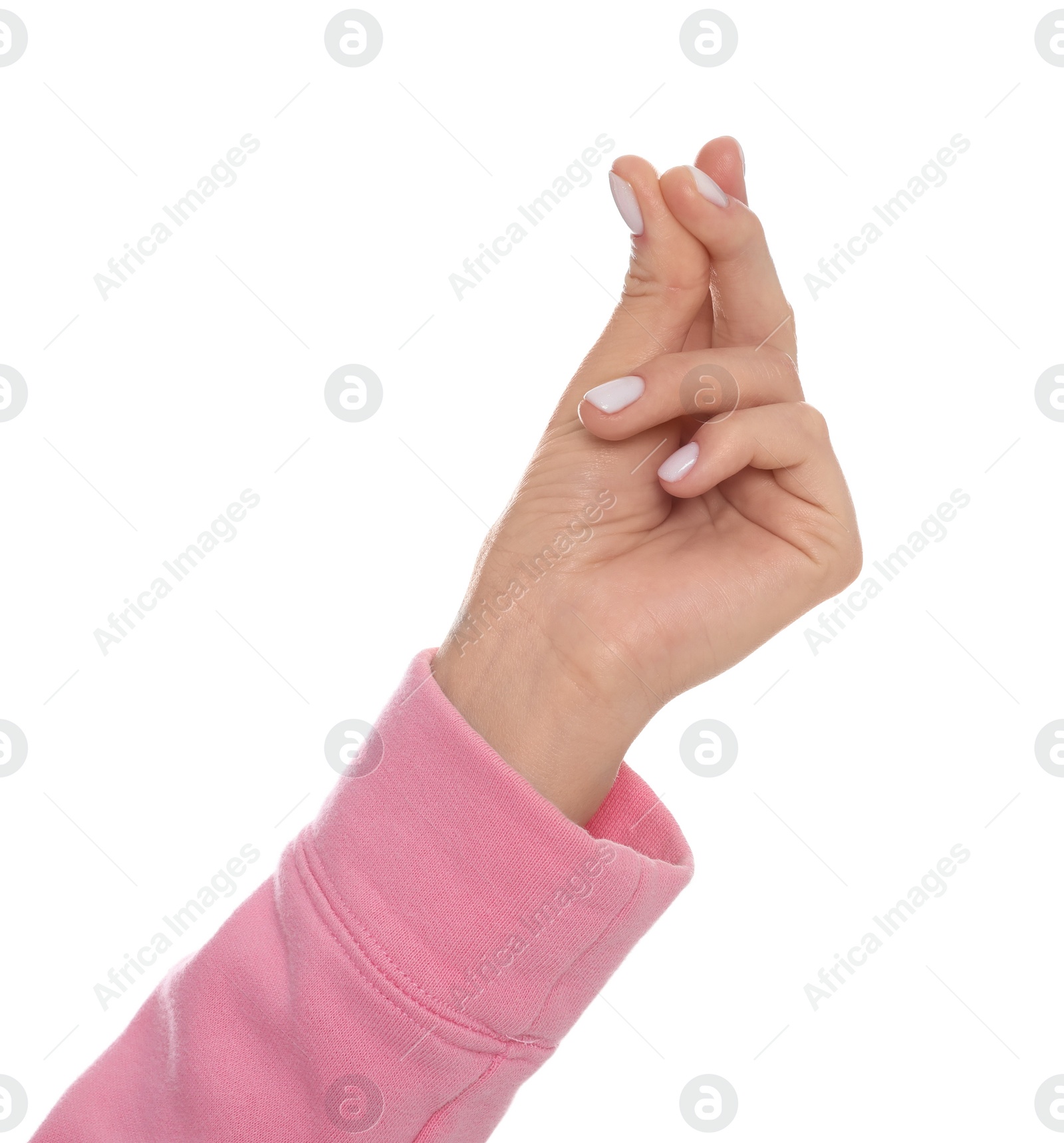 Photo of Woman snapping fingers on white background, closeup of hand