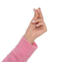 Photo of Woman snapping fingers on white background, closeup of hand