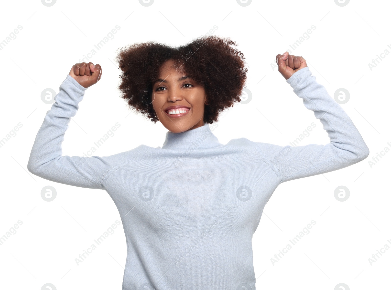 Photo of Portrait of smiling African American woman on white background