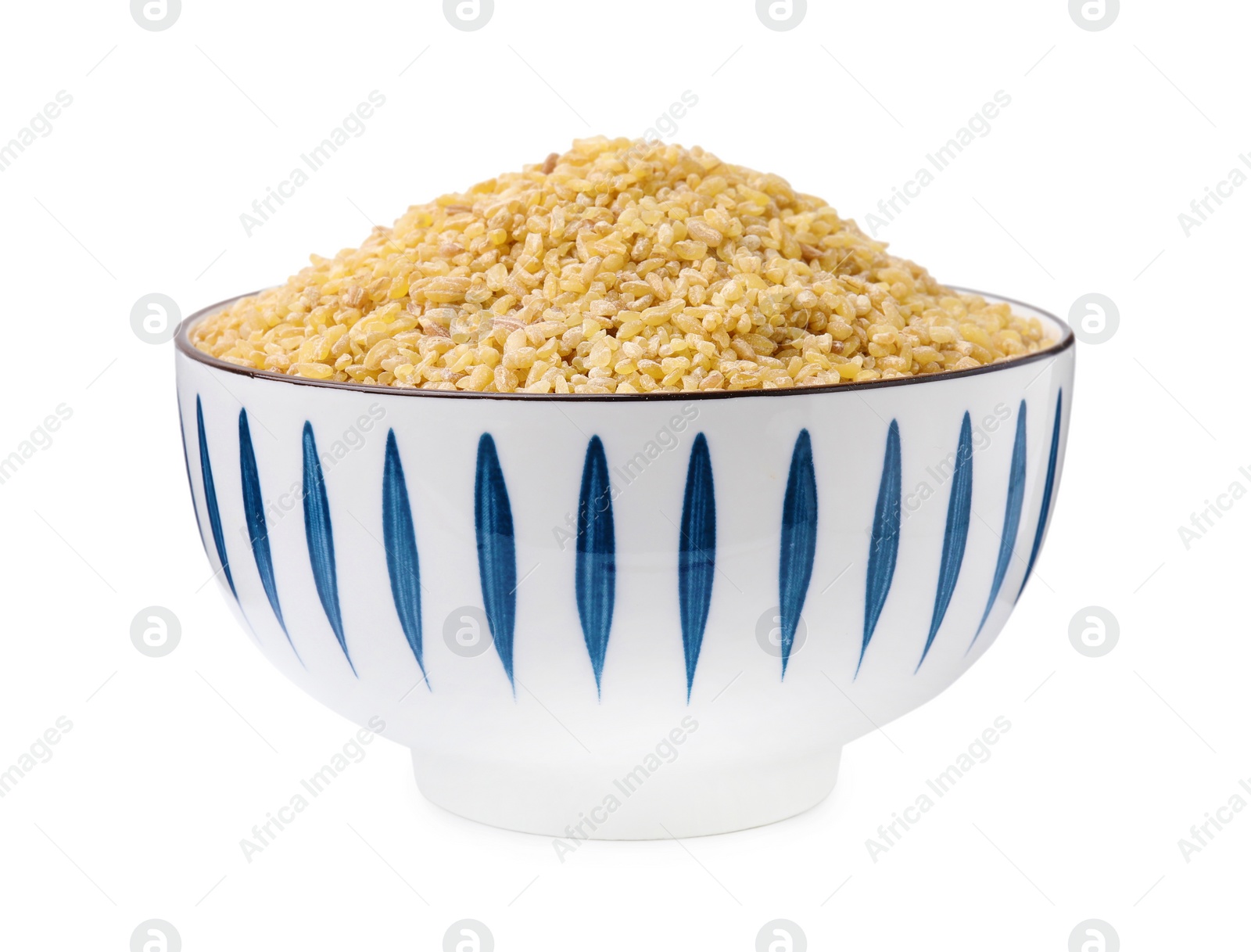 Photo of Raw bulgur in bowl isolated on white