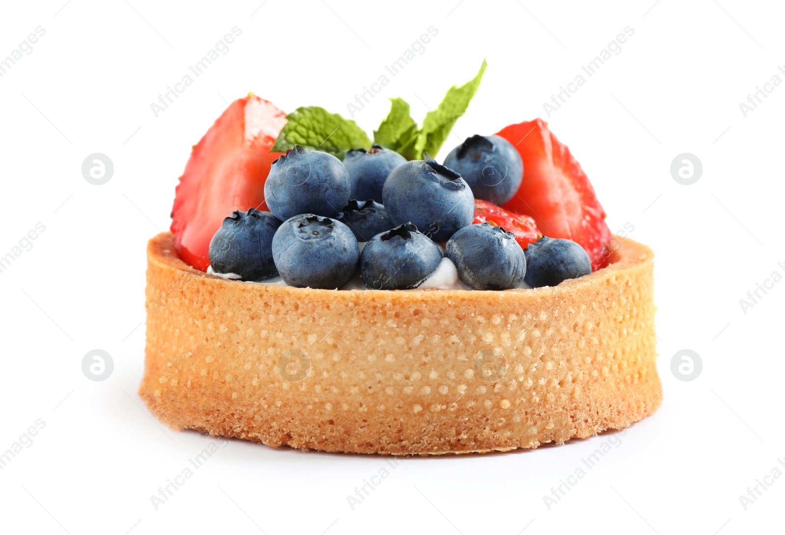 Photo of Delicious sweet pastry with berries on white background