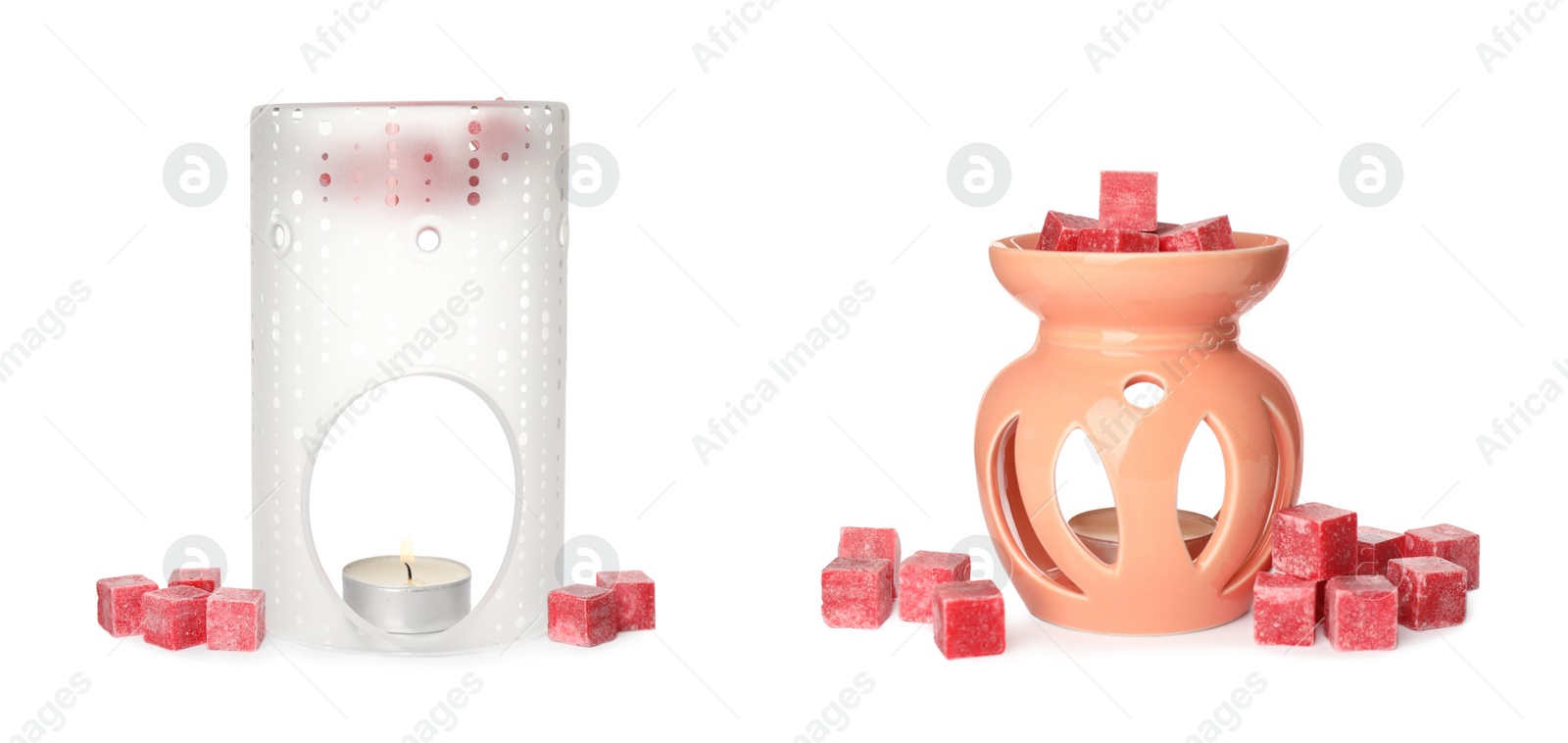 Image of Different stylish aroma lamps with essential wax cubes on white background, collage. Banner design