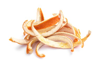 Photo of Pile of dry orange peels on white background