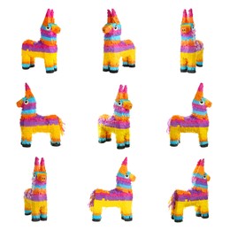 Set with funny pinatas on white background
