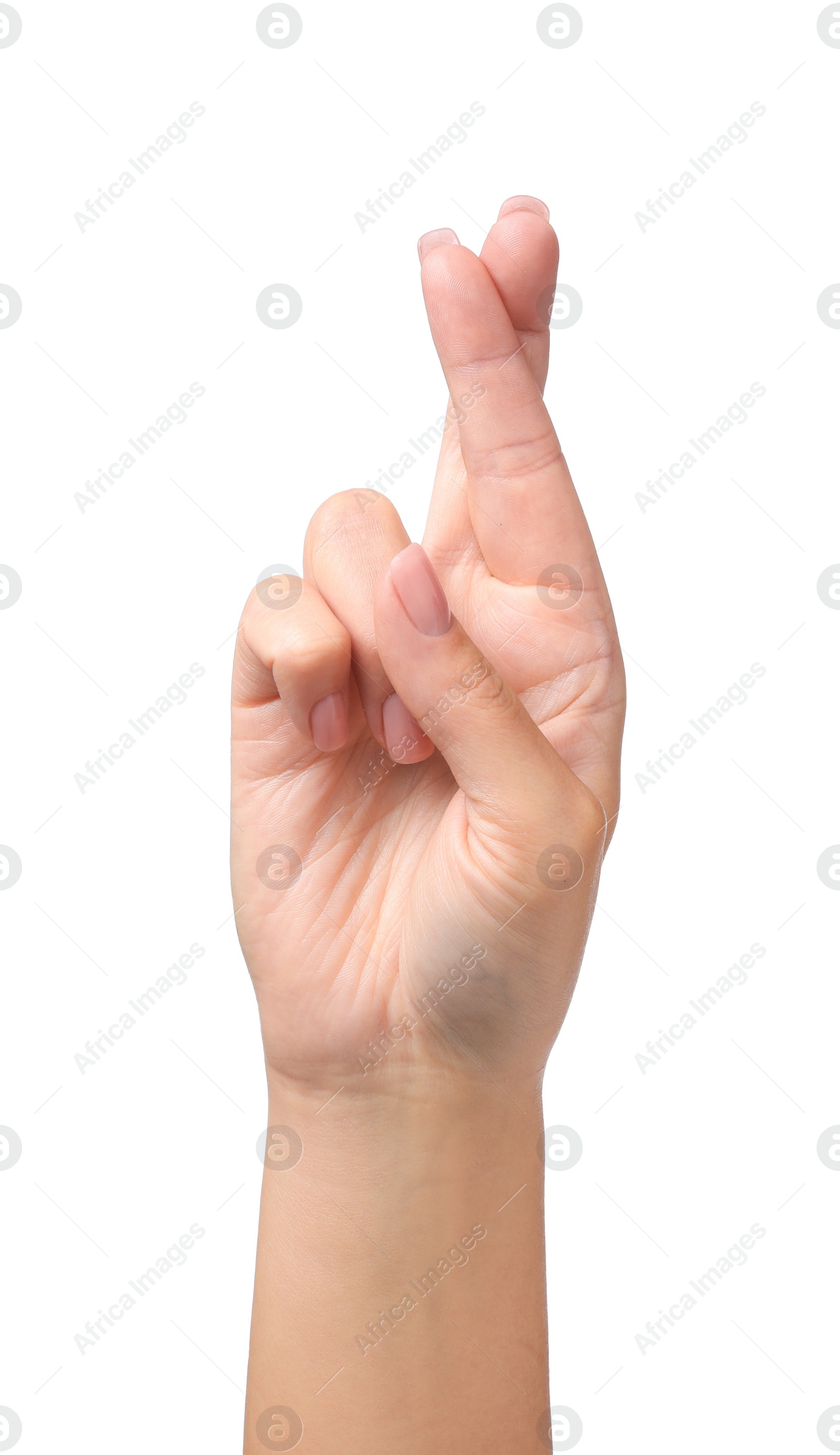 Photo of Woman crossing her fingers on white background