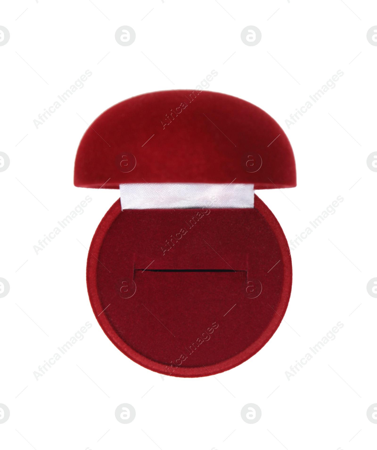 Photo of Empty stylish ring box isolated on white, top view