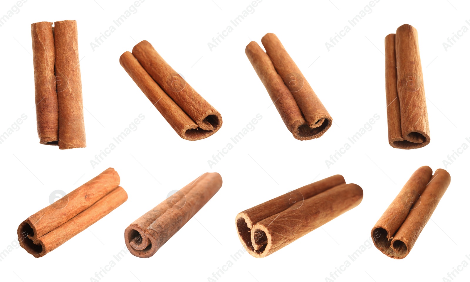 Image of Set with aromatic cinnamon sticks on white background