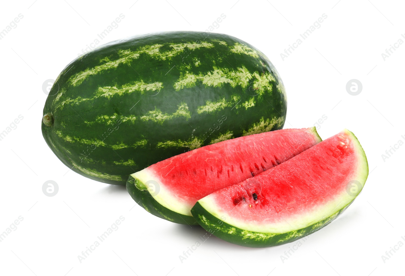 Photo of Delicious whole and cut watermelons isolated on white