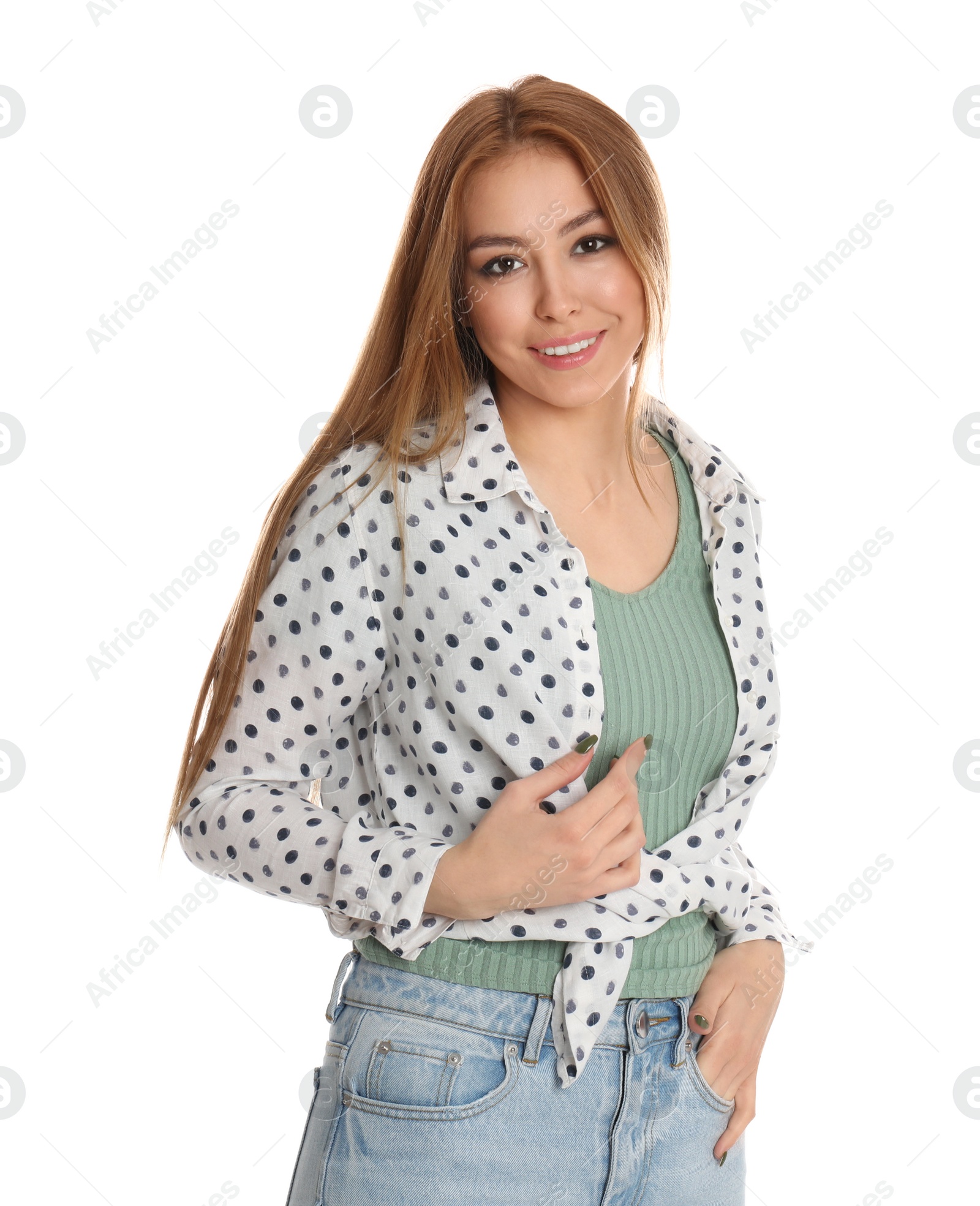 Photo of Teenage girl wearing casual outfit on white background