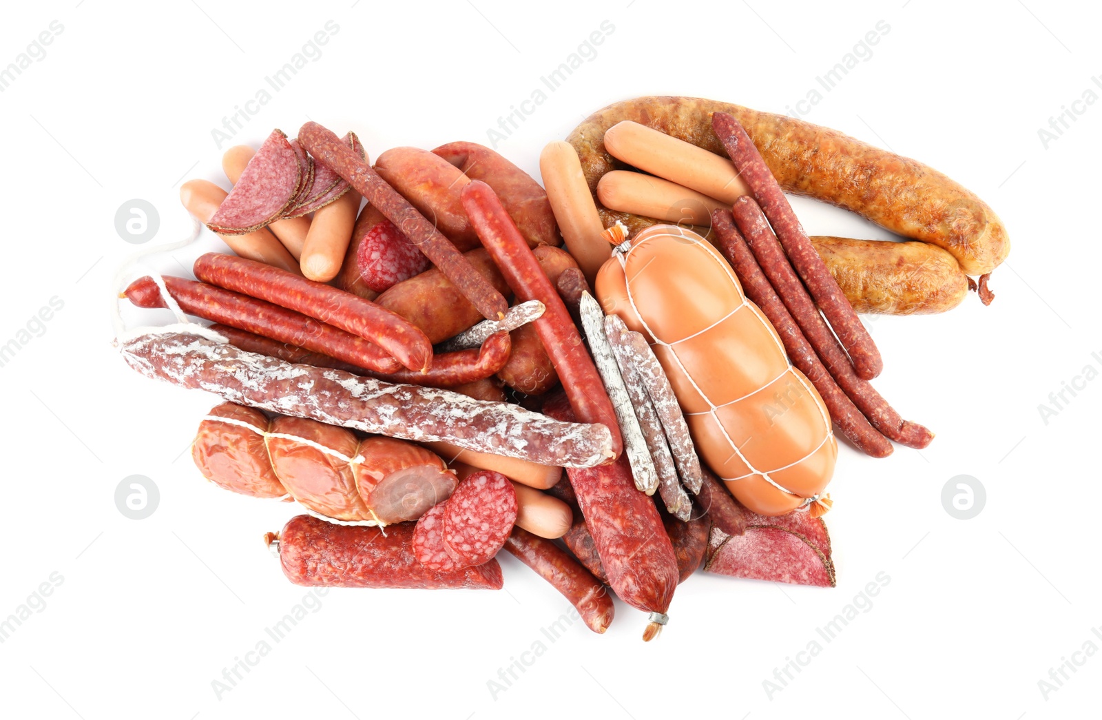 Photo of Different tasty sausages on white background, top view. Meat product