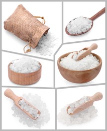 Image of Natural sea salt isolated on white, set