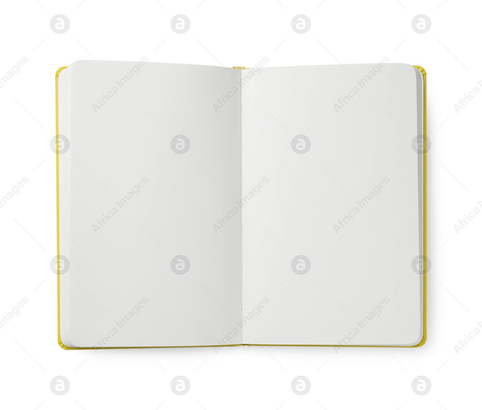 Photo of Open notebook with blank pages isolated on white, top view