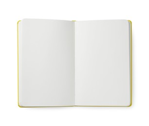 Photo of Open notebook with blank pages isolated on white, top view