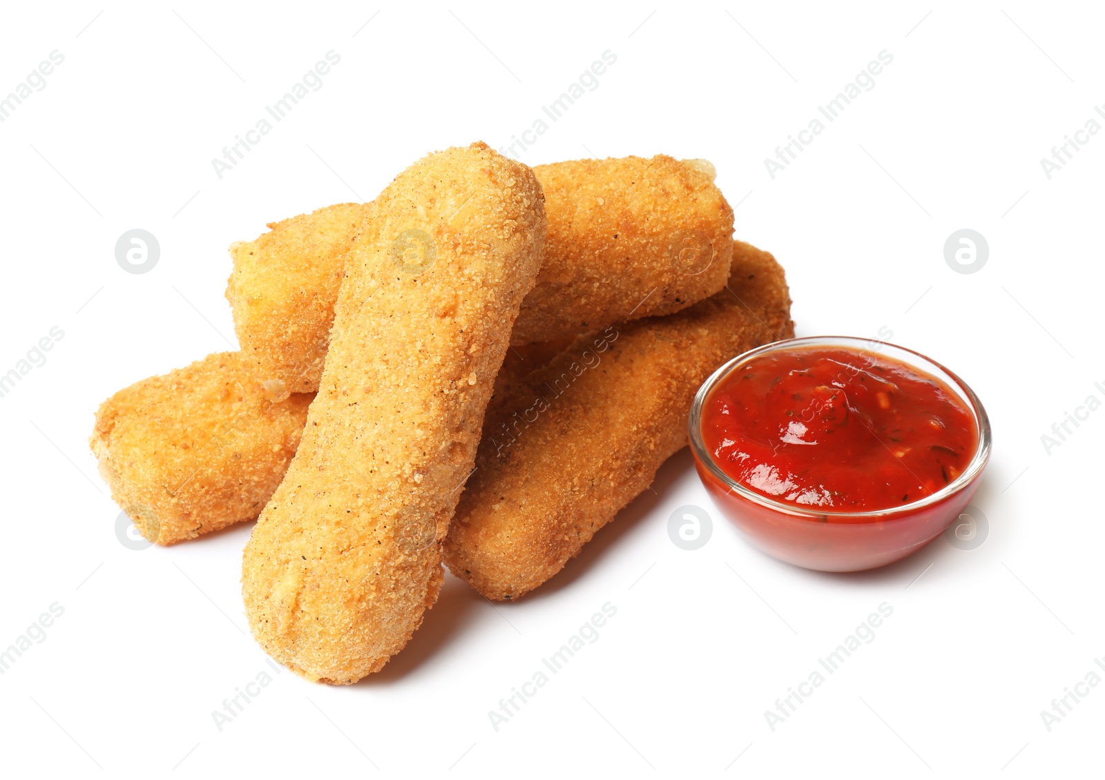 Photo of Tasty crispy cheese sticks with sauce on white background