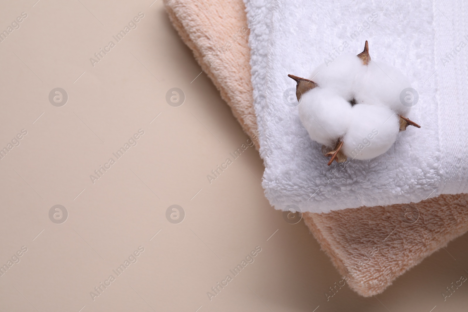 Photo of Fluffy cotton flower and terry towels on beige background, top view. Space for text