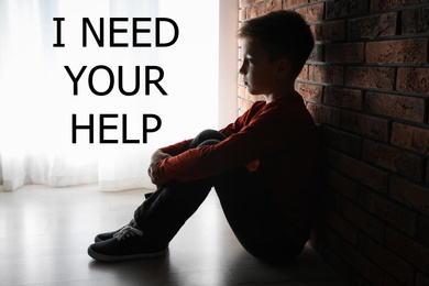 Image of Upset little boy near brick wall and text I NEED YOUR HELP