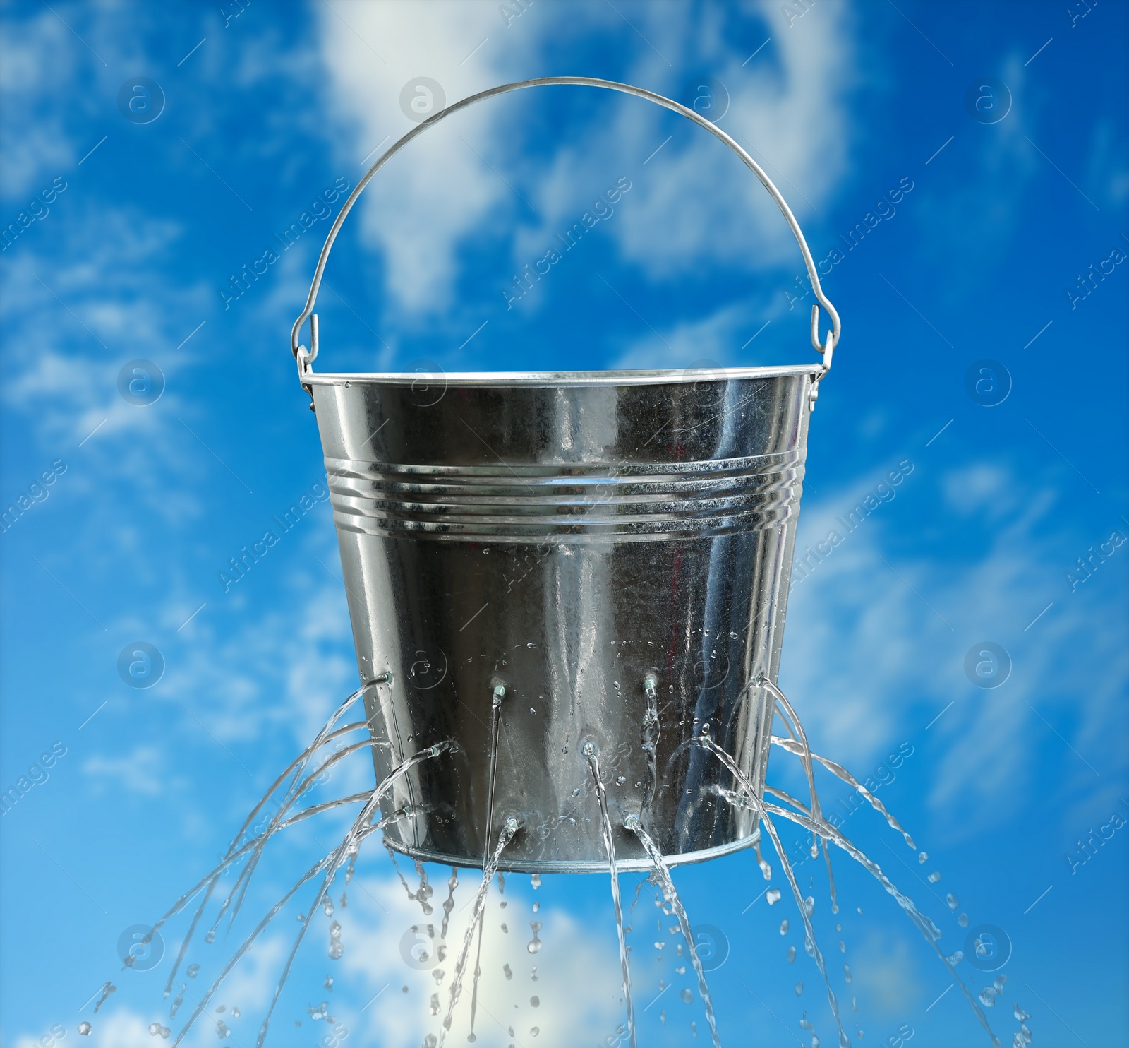 Image of Leaky bucket with water against blue sky