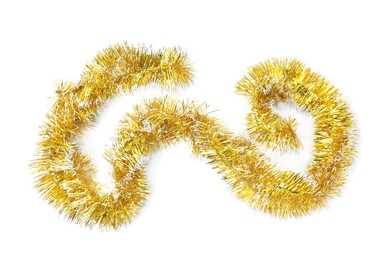 Photo of Shiny golden tinsel isolated on white, top view