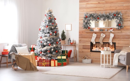 Beautiful Christmas interior of living room with decorated tree
