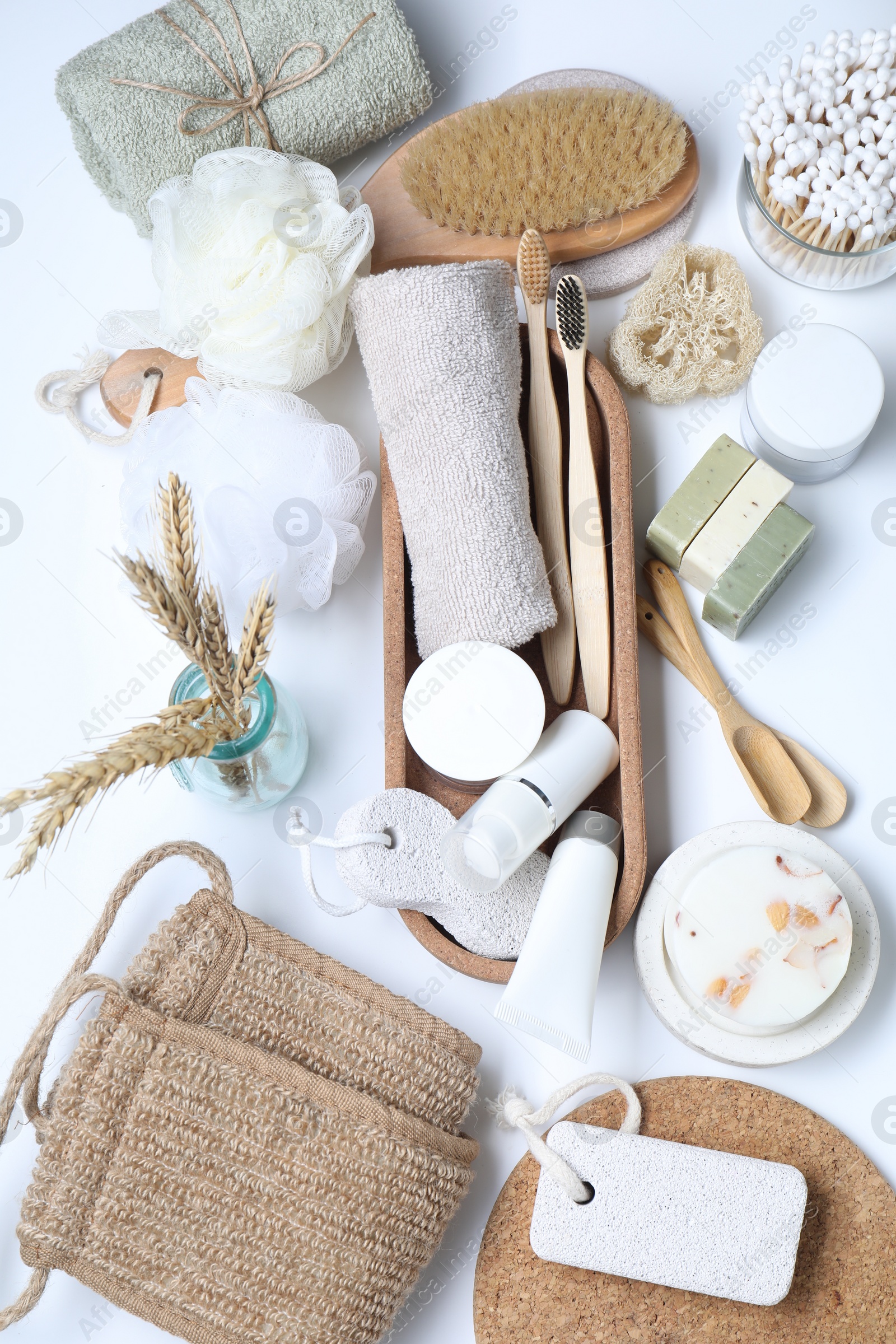 Photo of Bath accessories. Flat lay composition with personal care products on white background