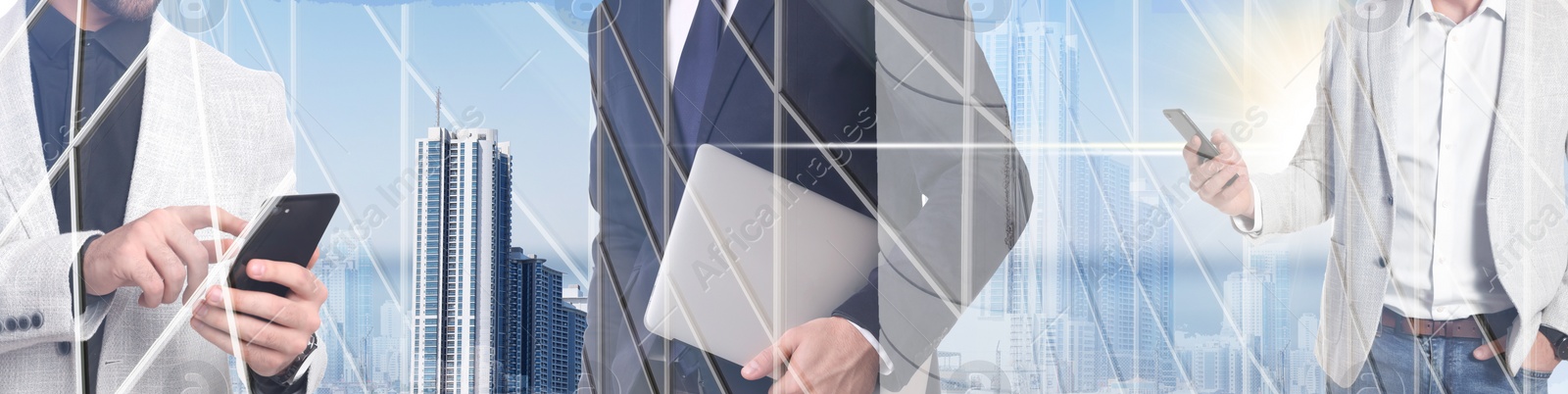 Image of Multiple exposure of business people and cityscape, closeup. Banner design