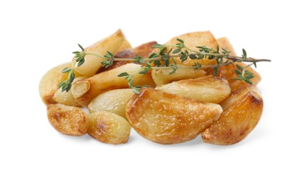 Photo of Fried garlic cloves and thyme isolated on white