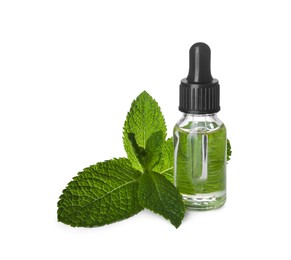 Photo of Bottle of essential oil and mint on white background