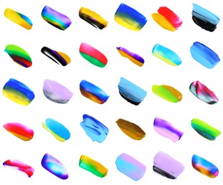 Image of Set with paint samples of different colors isolated on white, top view