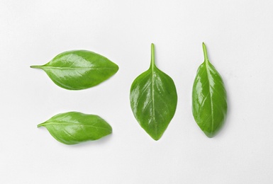 Photo of Fresh green basil leaves on white background, top view