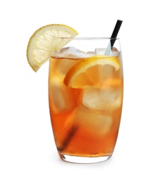 Photo of Glass of refreshing iced tea with lemon slices on white background