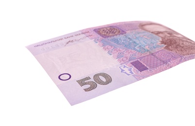 Photo of 50 Ukrainian Hryvnia banknote on white background