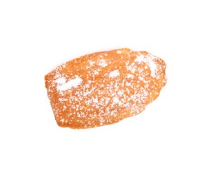 Photo of Delicious madeleine cake with powdered sugar isolated on white, top view