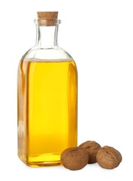 Photo of Vegetable fats. Cooking oil in glass bottle and walnuts isolated on white