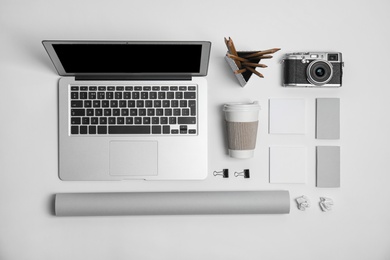 Photo of Flat lay composition with stationery on light background. Mock up for design