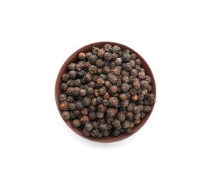 Photo of Bowl with black pepper grains on white background, top view