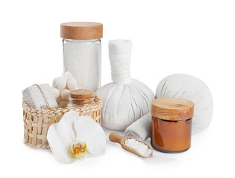 Photo of Beautiful spa composition with different body care products isolated on white