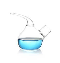 Photo of Retort flask with light blue liquid isolated on white