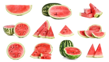Image of Set of fresh watermelons on white background 