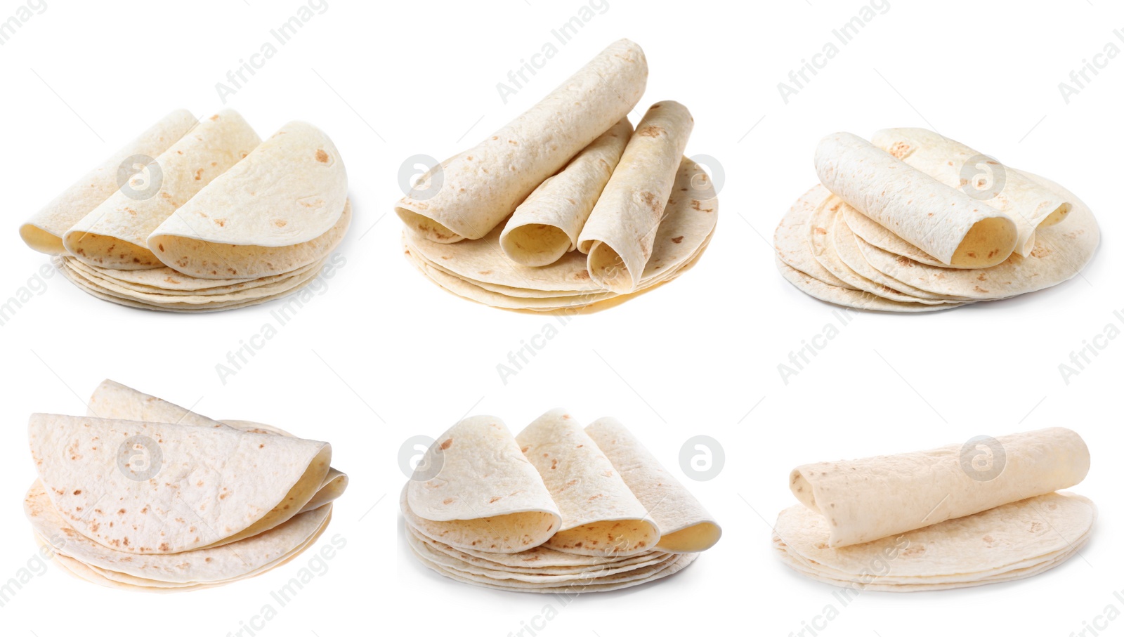 Image of Set of corn tortillas on white background, banner design