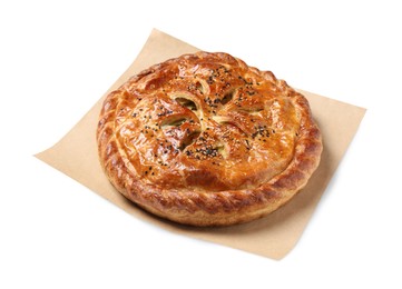 Photo of Tasty homemade pie with filling isolated on white