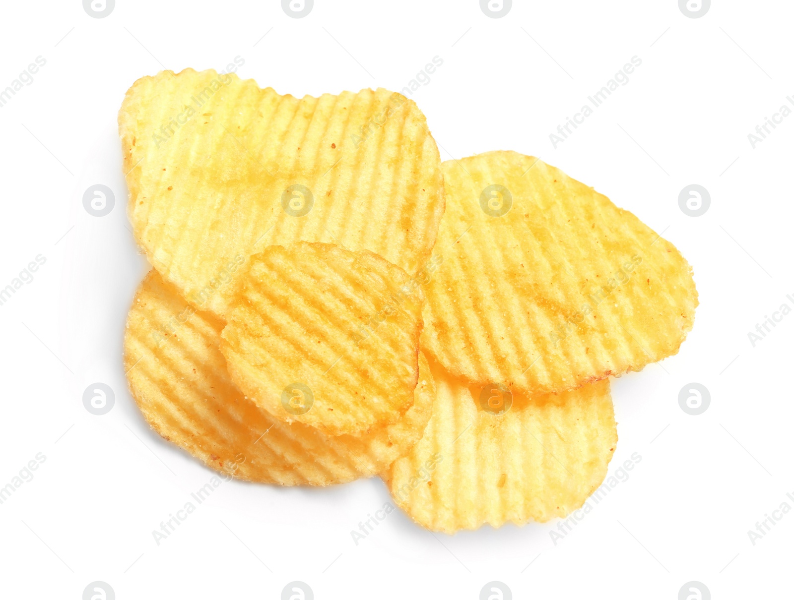 Photo of Tasty ridged potato chips on white background