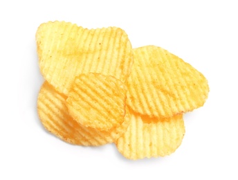 Photo of Tasty ridged potato chips on white background