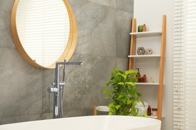 Photo of Spa day. Stylish bathroom interior with ceramic tub mirror and green houseplant