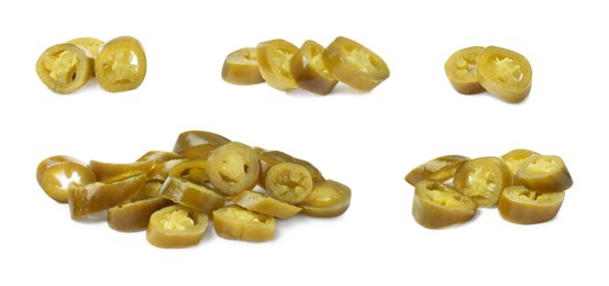 Image of Set with pickled green jalapeno peppers on white background. Banner design